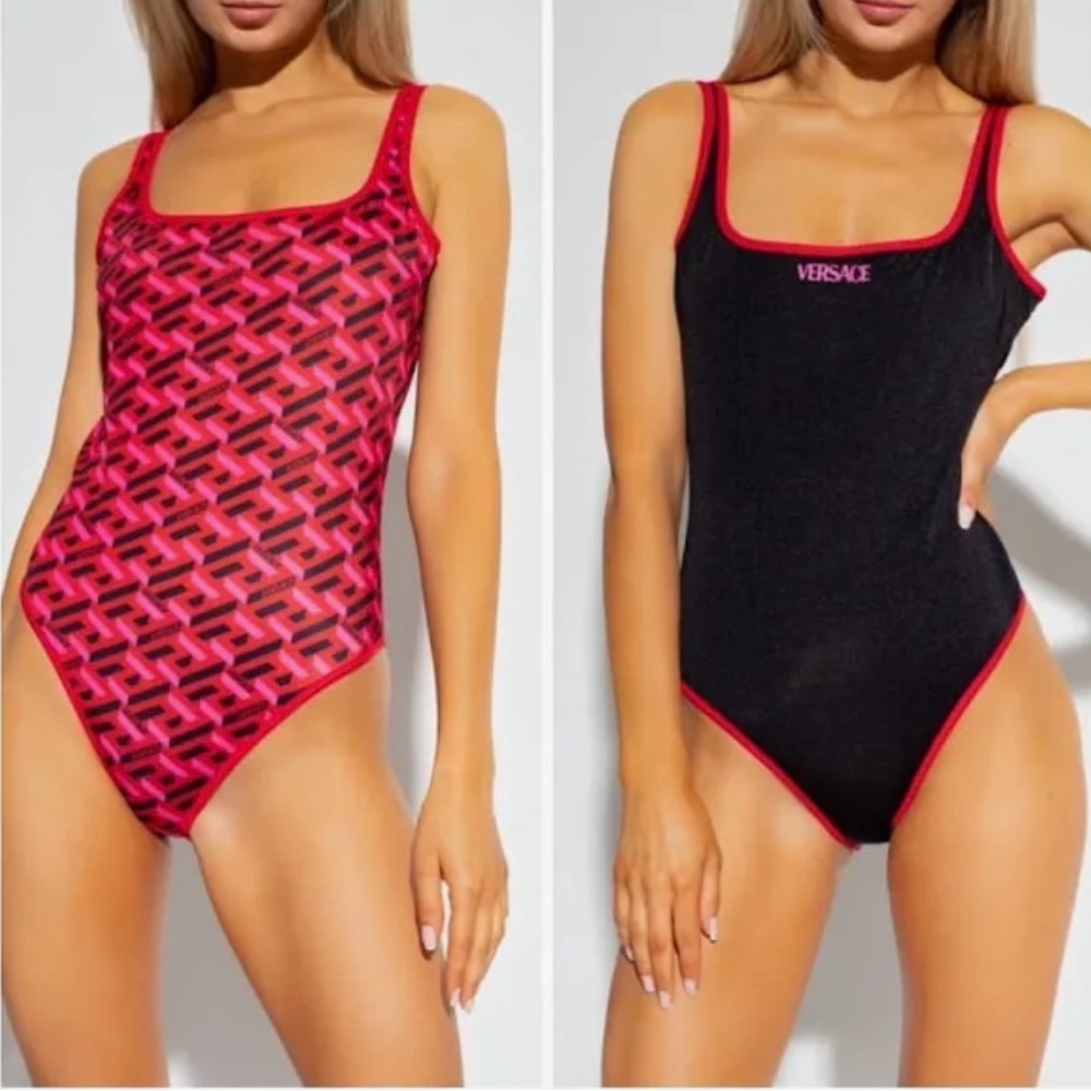 Versace Womens Red Black La Greca Logo Reversible One Piece Swimsuit Size S $825 - Picture 1 of 6